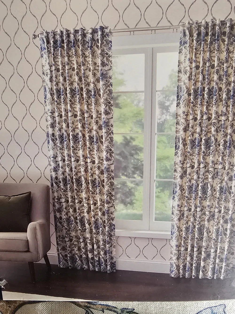 NWT Curated Kravet 2 pc Window Curtains Jacobean Floral Blue Cotton 50” x 96”